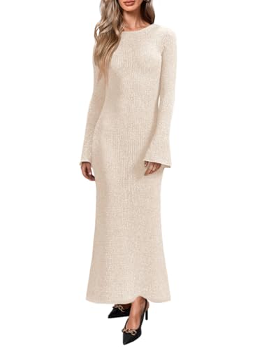 Yousify Womens Bell Long Sleeve Maxi Dress Casual Crewneck Knit Slim Fit Flowy Sweater Dresses