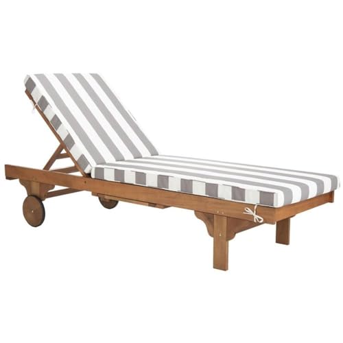 Image of SAFAVIEH Outdoor Collection Newport Natural / Grey & White Stripe Cushion Built-in Side Table Adjustable Chaise Lounge Chair
