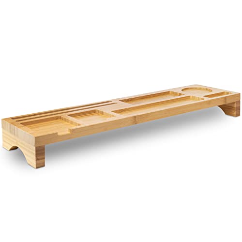 Rubberneck Bambus Schreibtisch Organizer mit Handy-, Tablethalterung - für Tastatur, Maus, Büro Zubehör - 60 x 16 x 6,2 - Beige