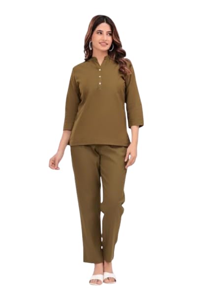 Women's 100% Cotton Co-Ord Set | Solid 3/4 Sleeve Mandarin Collar Top with Straight Pants | Casual Lounge Wear | Office Wear | Daily Wear | Matching Two Piece Outfit-picture-20
