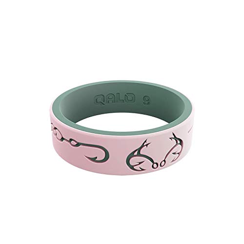 QALO Women's Rubber Silicone Ring, Strata Realtree Clinch Knot, Comfort Fit, Silicone Wedding Ring for Women, Breathable, Durable Engagement Silicone Band, 6mm Wide 1.85mm Thick, Blush & Sage, Size 62