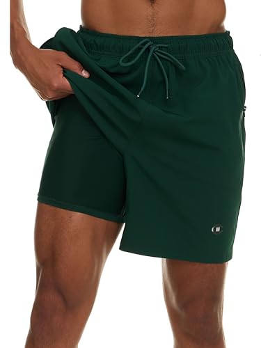 Champion Mens Swim Trunks with Compression Liner, 2 in 1 Mens Bathing Suit Shorts, 7 Inch Inseam Board Shorts for Swimming Green