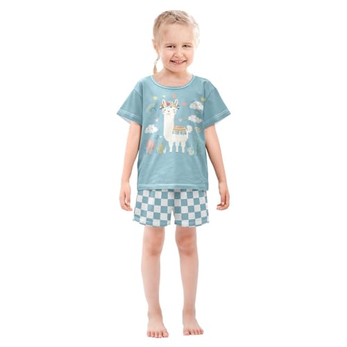 Checkerboard Plaid Llama Cacti Blue Pajama Set Short Sleeve PJS 2 Piece Summer Pajamas Shorts Sets Cotton 5Y3