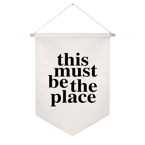 This Must Be The Place Wall Hanging Linen Wall Art Linen Wall Banner Canvas Flag Vintage Banner Positive Thinking Black and White Minimalist Wall Decor Vintage Flag for Home and Office Decor
