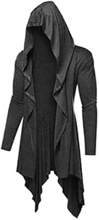 COOFANDY Men's Long Hooded Cardigan Ruffle Shawl Collar Open Front Lightweight Drape Cape Overcoat with Pockets Dark Grey