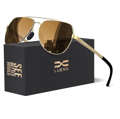 LUENX Aviator Sunglasses for Men Women Polarized New Shades Flexible Spring Hinge - UV 400 Protection,Brown Lens Gold Metal Frame 59mm