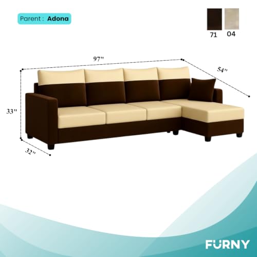 Image of Furny Arevva 6 Seater Fabric RHS L Shape Sofa Set (Cream-Dark Brown) | Soft Velvet Fabric | Modern Design | Comfortable Seating | Living Room Furniture