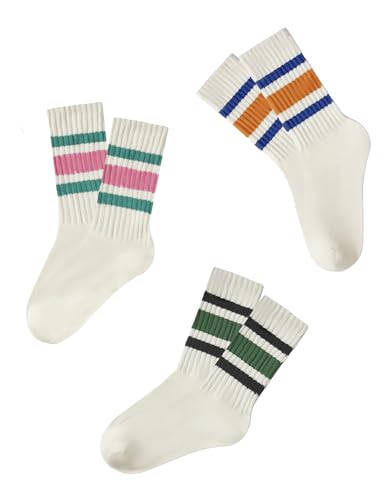 Image of 3 Pairs Women Striped Tube Socks Fun Novelty Cute Crew Socks Retro Sport Mid-Calf Socks for Women Grils
