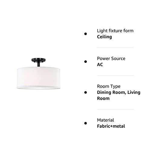 Doraimi Lighting 2 Light 12" Fabric Drum Shade Semi Flush Mount Ceiling Light Ps Diffuser Black Finish,Off White Fabric Chandeliers Shade For Bar, Dining Room, Corridor,Living Room #TOP6