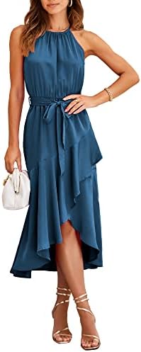 NOLLSOM Women's 2023 Summer Satin Dress Sleeveless Halter Neck Wrap Ruffle Dresses with Belt Solid Color Cocktail Maxi Dress（Solid Dark Blue,Medium