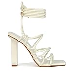 ESSEX GLAM Womens High Heel Strappy Sandals Ladies Block Square Toe Tie Up Party Shoes Size White Synthetic Leather