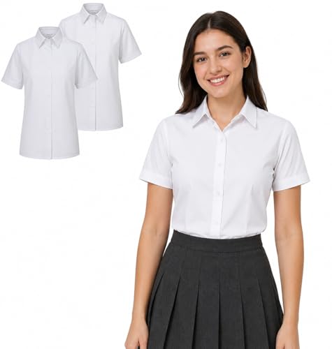 USNA Girls School Blouse Short Sleeves Regular Fit White 2 Pack Ages 3-16 (UK Age 15 Years 16 Years White-Short Sleeves)