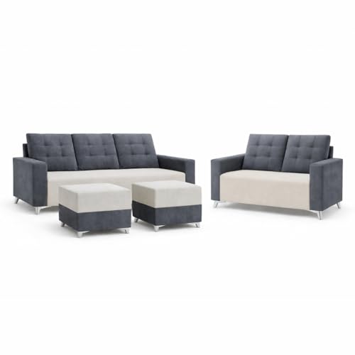 Image of Hakuna Dual Tone Plush Velvet 3 Seater + 2 Seater Sofa Set with 2 Ottoman | Silken Velvet Suede Upholstery | Designer Sofa for Living Room & Office Spaces (Dark Grey & Cream)