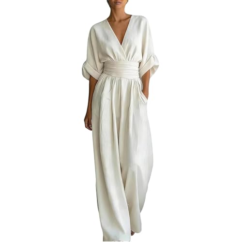Image of EMUKFD Elegant Jumpsuits for Women Uk Cotton Dungarees for Women Uk Short Sleeve V Neck High Waist Romper Playsuit Linen Casual Wide Leg Jumpsuits Holiday formal Outfits Made In Italy Clothing