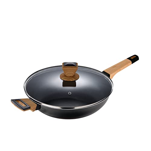 BERGNER Earth | Tiefe Bratpfanne 28x7,5 cm mit Deckel | Schwarz | Hergestellt aus Gepresstem Aluminium mit Ergonomischen Holzgriffen | Küchenzubehör | Geeignet für Alle Herdarten