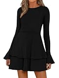 PRETTYGARDEN Womens Fall Fashion 2025 Long Bell Sleeve Mini Sweater Dress Casual Crewneck A Line Knit Short Cocktail Dresses(Black,Small)