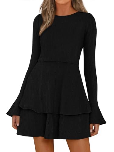 PRETTYGARDEN Womens Fall Fashion 2025 Long Bell Sleeve Mini Sweater Dress Casual Crewneck A Line Knit Short Cocktail Dresses(Black,Large)