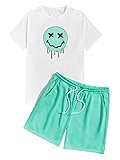 Romwe Men's 2 Piece Outfits Graphic Print Fashion Summer Short Sleeve Round Neck Shirt and Shorts Set White Green L