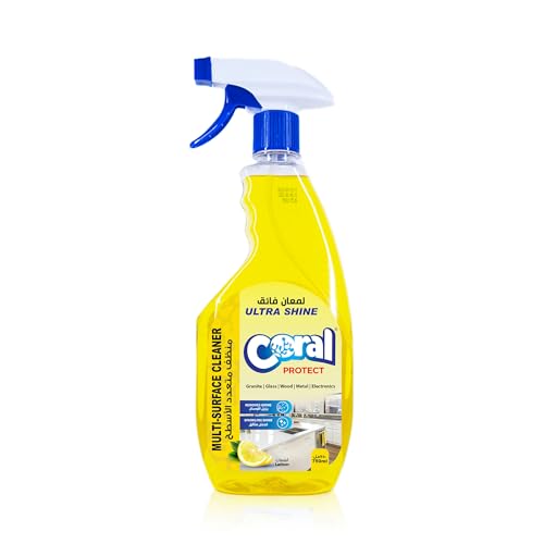 Coral Protect Ultra Shine Multi-Surface Cleaner Spray with Grime-Free Sparkling Finish Safe for Everyday Use on Granite Glass Wood Metal & Electronics 750ml Lemon