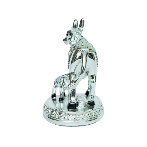 Image of Oval Base Silver Cow with Calf Small | Silver Plated Kamadhenu Idol for Pooja, Vastu, Festival, Diwali,Mandir Decor & Auspicious Gift | Hindu God for Temple | Size 8.5 cm x 5 cm x 5.5 cm