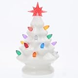 B SEPOR Ceramic Christmas Tree, 7 inch, LED Light Up, White Pre-Lit Tabletop Holiday...