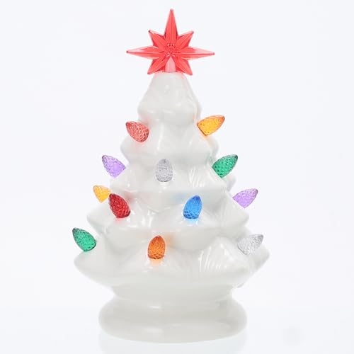 B SEPOR Ceramic Christmas Tree, 7 inch, LED Light Up, White Pre-Lit Tabletop Holiday Decoration