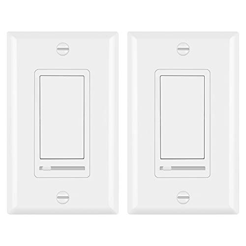 [2 Pack] BESTTEN Decorative Rocker Light Dimmer Switch with Horizontal Slider & Side Adjuster for Incandescent or Halogen Bulbs, CFL and LED Dimmable Lamps, Decor Wallplate Included, UL Listed, White