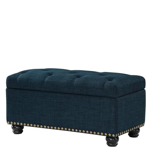 Convenience Concepts Designs4Comfort 7th Avenue Ottoman Bench 35.5' - Modern Upholstered Footstool & Seat with Hinged Lid & Storage, for Living Room, Bedroom, & Entryway, Dark Blue Fabric