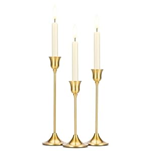 Tifanso Taper Candle Stick Holder – 3PCS Brass Gold Pillar Tall Candlestick Holders Metal Vintage Decor Dinner Table Dining Room Centerpieces Decorations for Wedding Fireplace Mantel Housewarming Gift