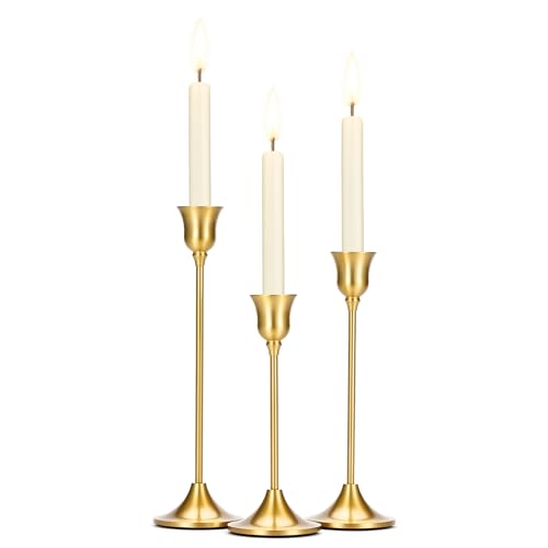 Tifanso Taper Candle Stick Holder – 3PCS Brass Gold Pillar Tall Candlestick Holders Metal Vintage Decor Dinner Table Dining Room Centerpieces Decorations for Wedding Fireplace Mantel Housewarming Gift