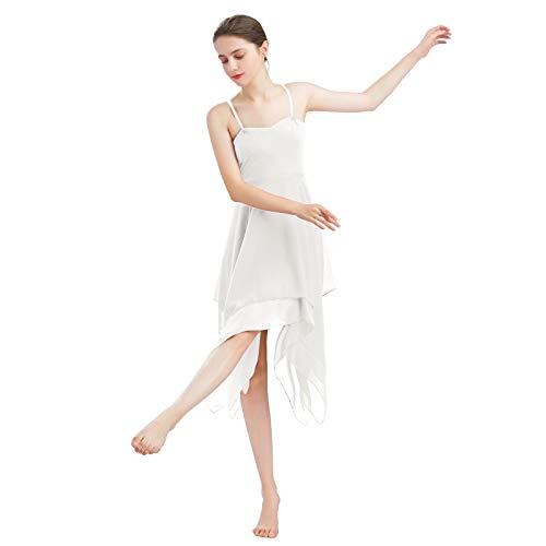 Odasdo Women Lyrical Dance Dress Ballet Modern Contemporary Dance Costume Spaghetti Straps Handerkerchief Hem Chiffon Flowy Skirt Ballroom Cha Cha Clothes White S #TOP2