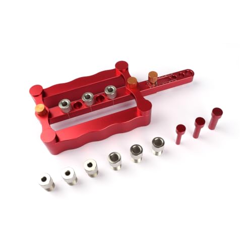 Self Centering Doweling Jig with 6/8/10mm Woodworking Positioner Locator Joinery Hole Drill Guide Tool Drilling Kit Red