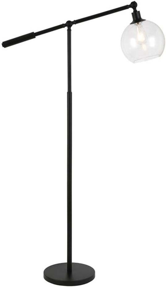 Pemberly Row Adjustable Metal Floor Lamp, 60.62", Seeded Glass Shade, Blackened Bronze Finish, Modern Farmhouse Style, Steel Frame, Industrial Lighting for Living Room, Bedroom, Office, or Dining Room