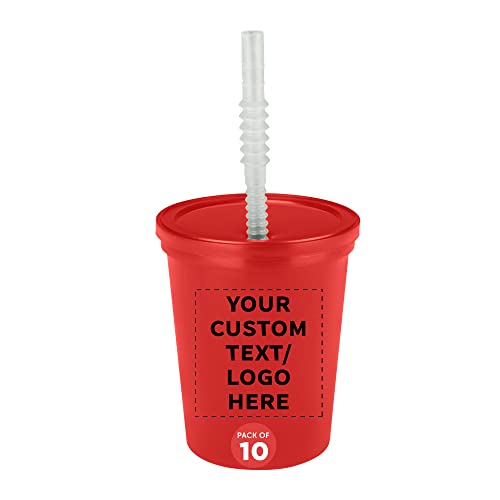 Custom Plastic Cups with Lid and Straw 16 oz. Set of 10, Personalized Bulk Pack - Perfect for Summer, Sporting Events, Birthdays, Weddings, Picnic, Beach, Parties - Red