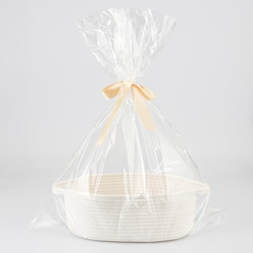 Image of Baby Gifts Basket Empty with Gifts Bag and Ribbon12 inchx8 inchx5 inch Gift Baskets to Fill Easter Baskets Birthday Baskets Small Woven Cotton Rope Basket Baby Toy Baske(white, regular)