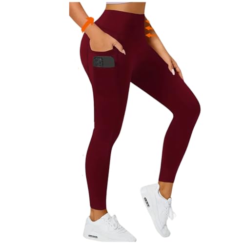 ZiaWorld High Waisted Leggings for Women with 5 Pockets Wine Red Yoga Pants for Gym Workout Running Sports Non See Through Stretchy Seamless Activewear (L)