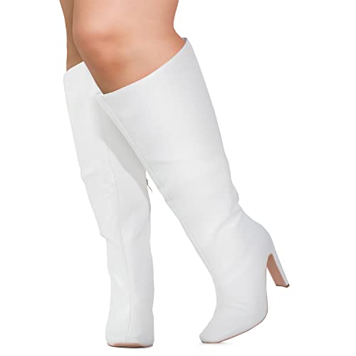 Rf Room Of Fashion Women's Plus Size Square Toe Knee High Dress Boots (Wide Calf Wide Width) White Pu Size.8.5 #TOP3