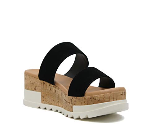 Soda Poppin ~ Slip On Cork Platform Wedge Sandals With 2 Straps On Top (8, Black) #TOP1
