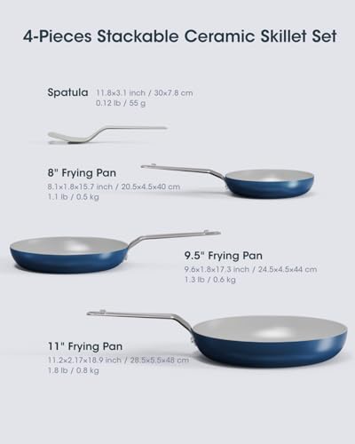 Image of Ceramic Frying Pan Set 3-Piece, Swiss Nonstick Coating PFAS /PTFE /PFOA-Free, Induction Compatible Non Toxic Cookware, Oven & Dishwasher Safe, Space Saving Floating-Stack - 8 /9.5 /11 Inch with Spatula