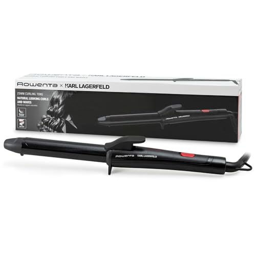 Rowenta x Karl Lagerfeld CF321L Ferro Arricciacapelli, 25 mm, Rivestimento Cheratina Lucente, Onde e Ricci Naturali, Temperatura Costante 200°C, Riscaldamento rapido, Punta fredda, Nero/Rosso