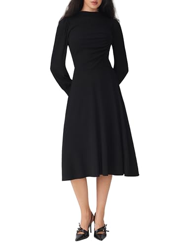 CIDER Womens Long Sleeve Wedding Guest Dresses Mock Neck Ruched Elegant Formal Midi Dresses2