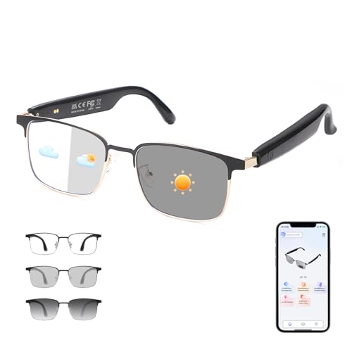 Smart Glasses Open Ear, AI Glasses Real-Time Translation, Color Change Lenses, Polarized Sunglasses Bluetooth, Voice Assistant, Mic Speakers for Men Women, Support for 165+ Languages (Gold) 