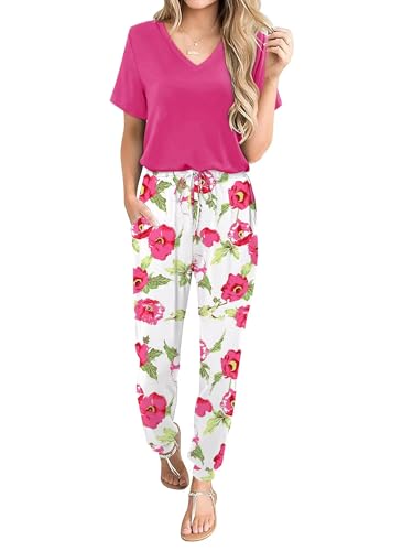 Magritta Casual Loose Tracksuits for Women - Floral Print Two Piece Set Lightweight Breathable Outwear, Casual Outings & Brunch Dates L