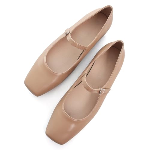 Image of TN TANGNEST Leather Flats for Women Retro Mary Jane Flats | Comfortable Square Toe Slip On Flats with Buckle Strap, Soft Work Flats Office Shoes