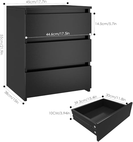 Image of FOTOSOK Nightstands Set of 2 with 3 Drawers, Black Nightstand Bedside Table Set of 2 for Bedroom, 17.7W*15D*21.7H Bedroom Night Stands with Cut-Out Handle, Sofa Side End Table for Home Office