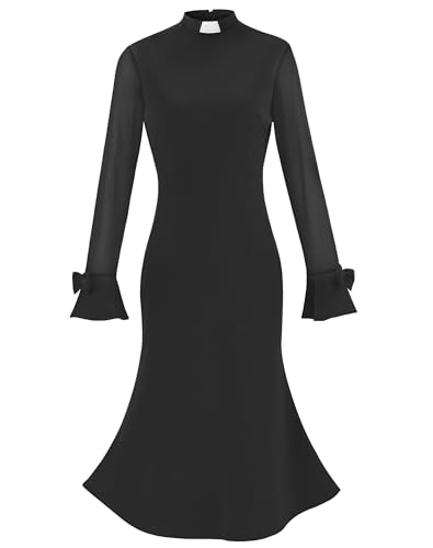 Trumpet Long Sleeve Mesh Church Dress Clergy Tab Insert Collar Priestess Dress