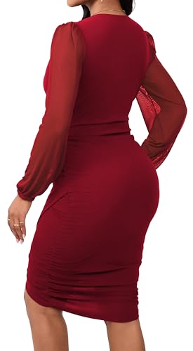 Image of SeNight Women Church Dress Sexy V Neck Dresses Bodycon Black Long Sleeve Mini Dresses