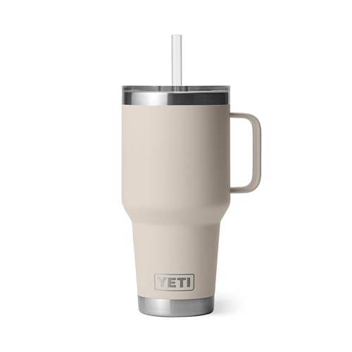 Image of YETI Rambler 35 oz Tumbler with Handle and Straw Lid, Travel Mug Water Tumbler, Vacuum Insulated Cup with Handle, Stainless Steel, Cape Taupe