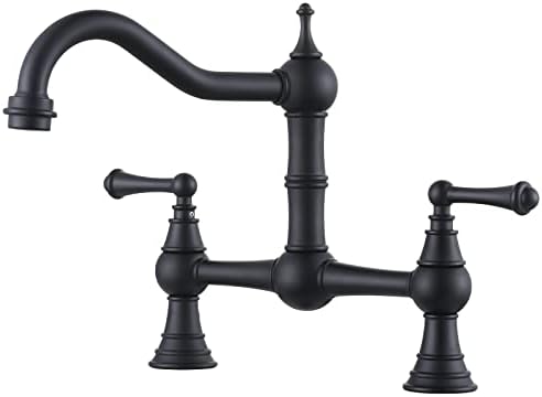 WOWOW Black Bridge Kitchen Faucet 2 Hole Antique Brass Bridge Faucet 2 Handle 8 Inch Centerset Farmhouse Kitchen Sink Faucet 360° Swivel Vintage Tap