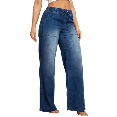 fanmpghleoo Drawstring Wide Leg Jeans Woman High Waisted Baggy Jeans Trendy Y2k Casual Denim Pants Pull On Denim Trousers2